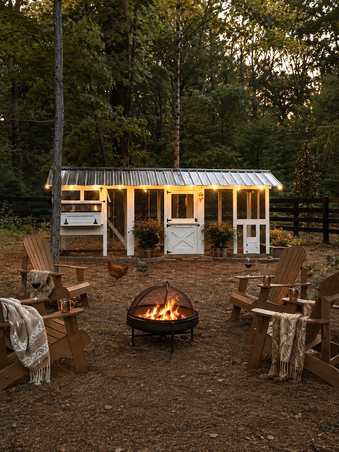 Luxury chicken coop and fireside gathering area